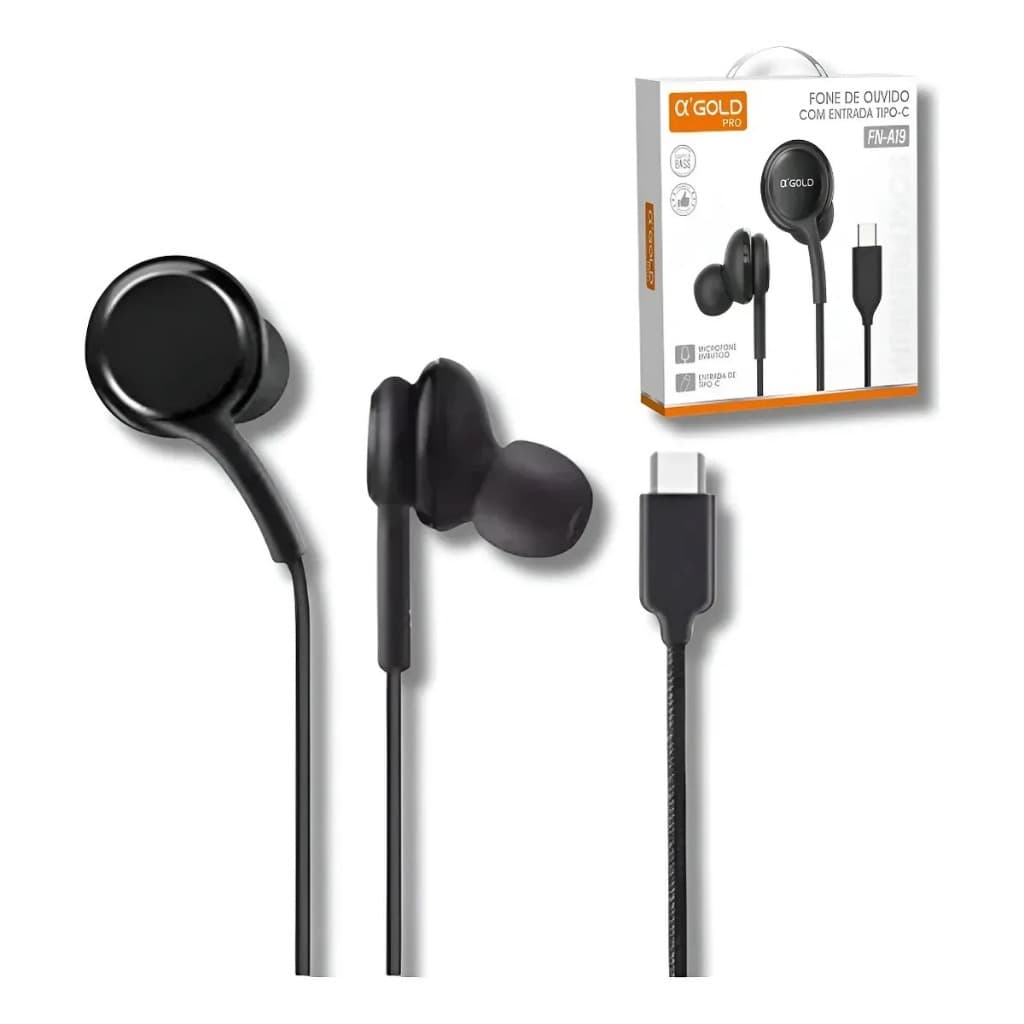Fone De Ouvido Tipo C Para Samsung A16 A17 A26 A36 A55 A56 Com borracha cor Preto - Redução de ruido em 99.15%