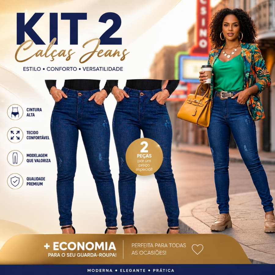KIT 2 CALÇA JEANS Feminina Skinny Cintura Cós Alto Empina Bumbum