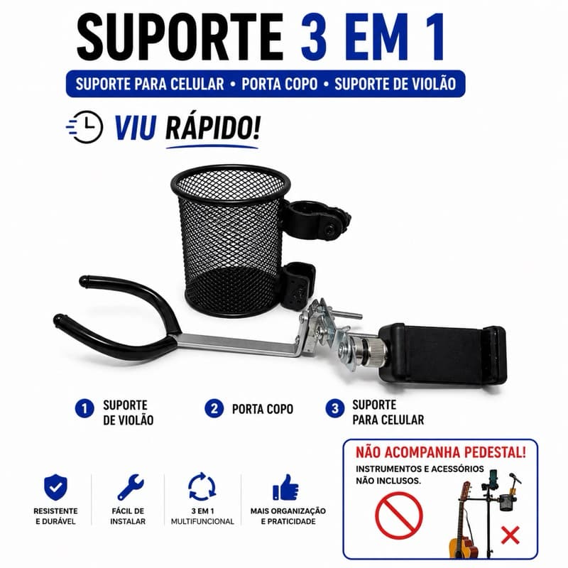 Kit 3 em 1  Suporte (violão E Cavaco Celular Copo)pra Pedestal