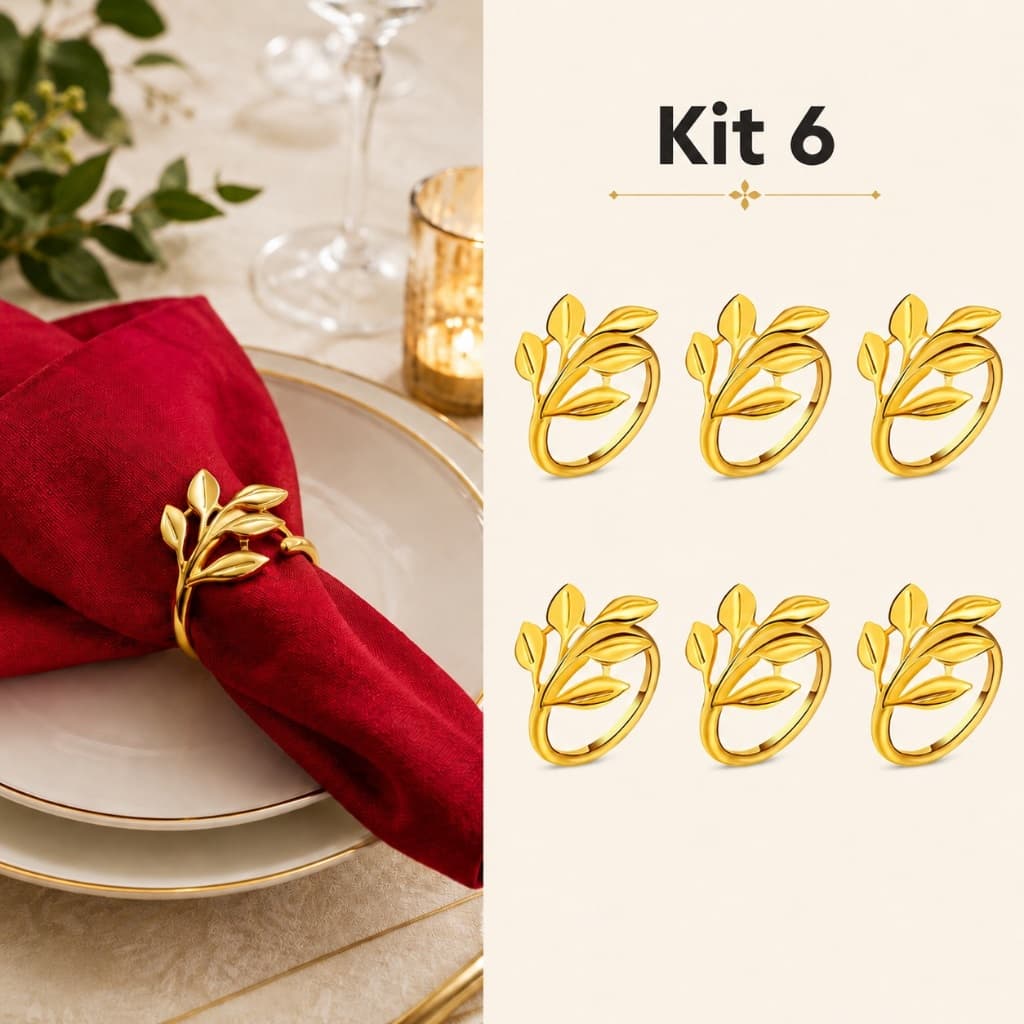 Kit 6/8 porta guardanapos - anéis de guardanapos de metal Folhas /  ramos dourado