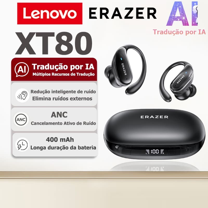 Fone Bluetooth Lenovo ERAZER XT80 PRO com tradução por IA, ANC Cancelamento Ativo de Ruído, Bluetooth versão 6.0, resist
