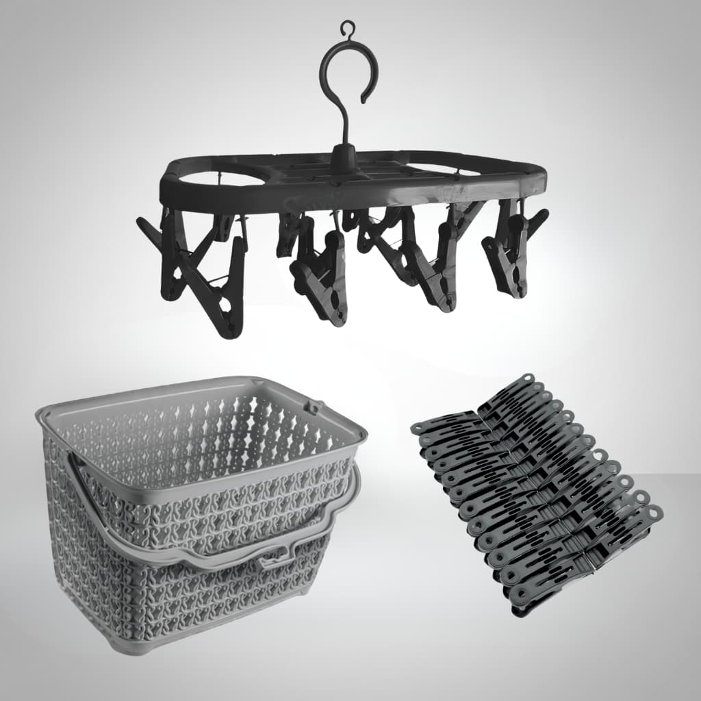 Kit Lavanderia Varal Roupas Íntimas PRETO + Cesto Multiuso CINZA + 48 Prendedores PRETO