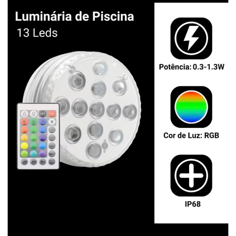 Luz LED Submersa RGB KA-L80 Impermeável IP68 com Controle Remoto para Piscina e Decoração com Várias Cores e Efeitos