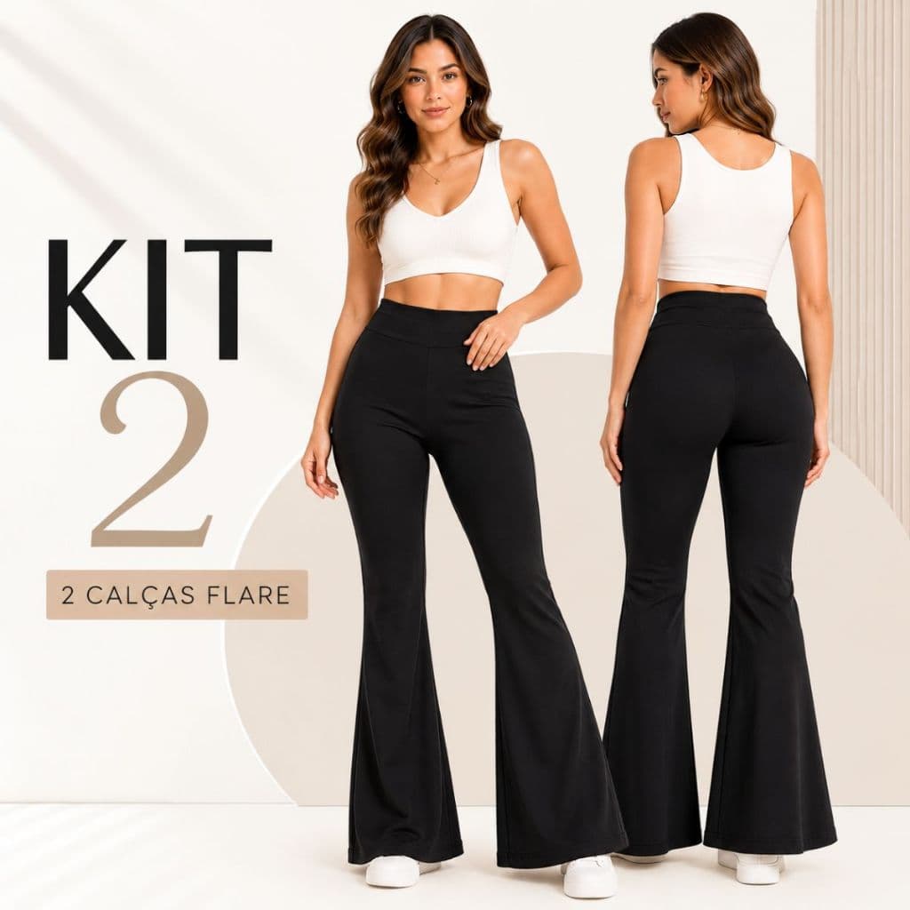 Kit 2 Calças Flare Flanelada Feminina Suplex Boca de Sino Bailarina Cintura Alta Zero Transparência