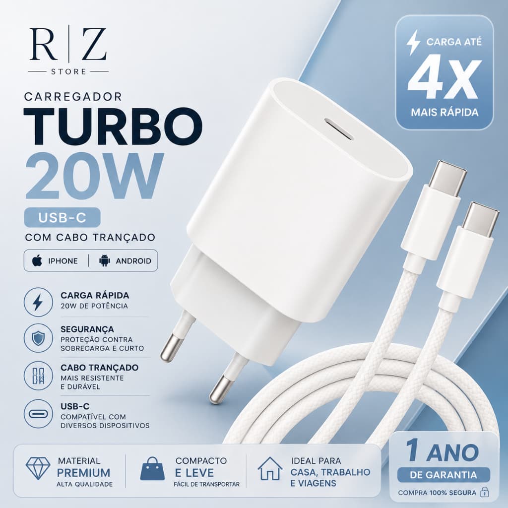 Carregador Turbo 20W USB-C com Cabo Trançado iPhone Android
