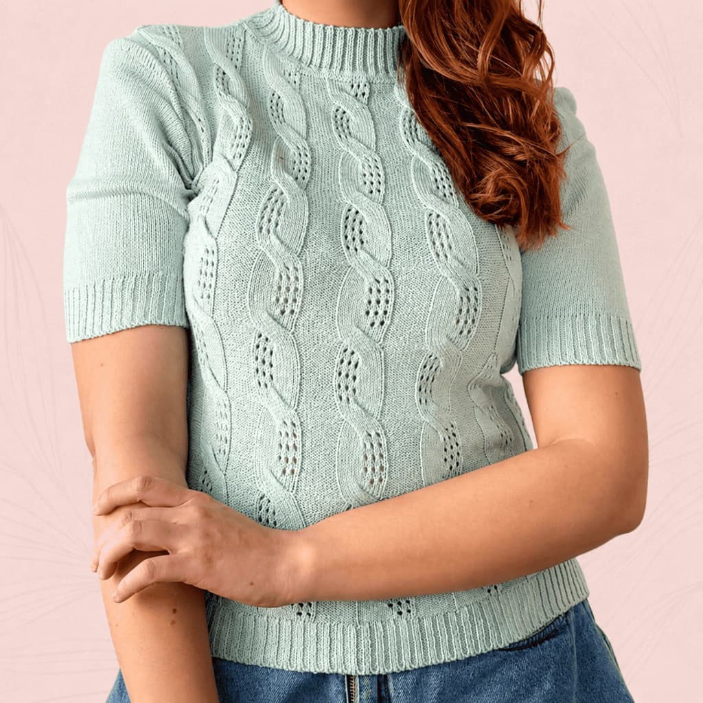 Blusa Tricot Modal Feminina Cropped Manga Princesa Trança Elegante Ajustada Moda Tendência