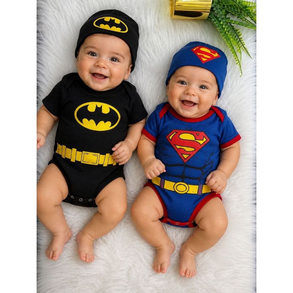 Kit Body Bebê Superman e Batman com Touca – Conjunto Infantil Super-Heróis Mesversário Fantasia Menino Gêmeos