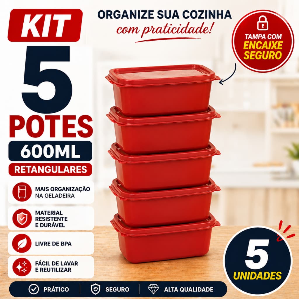 Kit 5 Potes 600 ml com Tampa BPA Free – Para Alimentos | Freezer e Micro-ondas | Resistente e Reutilizável
