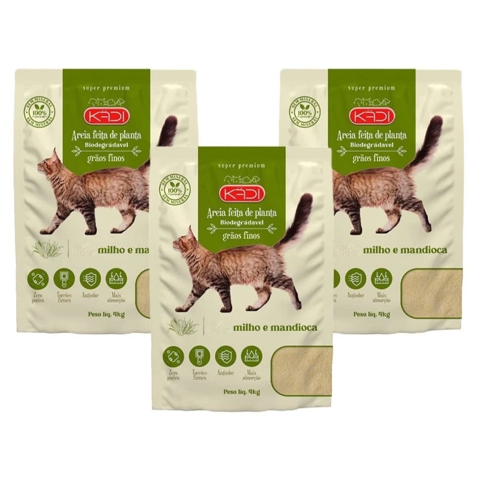Areia de Gato KADI Biodegradável Milho e Mandioca 4 até 12kg Sem Poeira Torrões Firmes Alta Absorção
