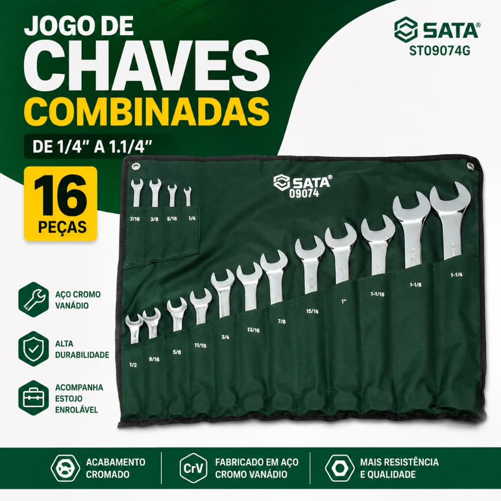Jogo Chave Combinada 1/4 a 1 1/4 Polegada Com 16 Chaves Sata ST09074G