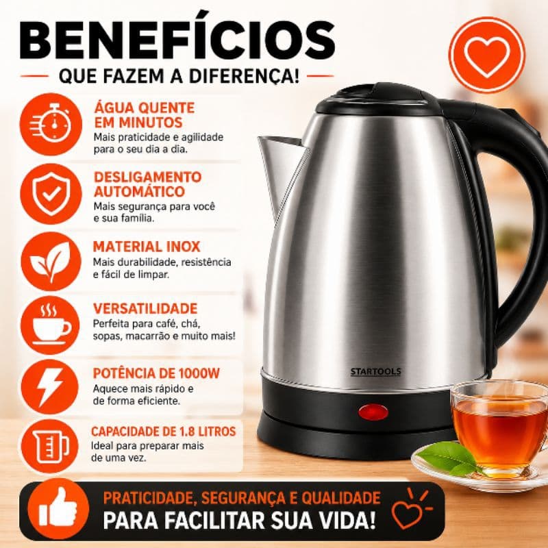 #ChaleiraEletrica Inox 1.8L #CozinhaPratica Potente 1000W Água Quente! Café Chá Sopas (127V ou 220V)
