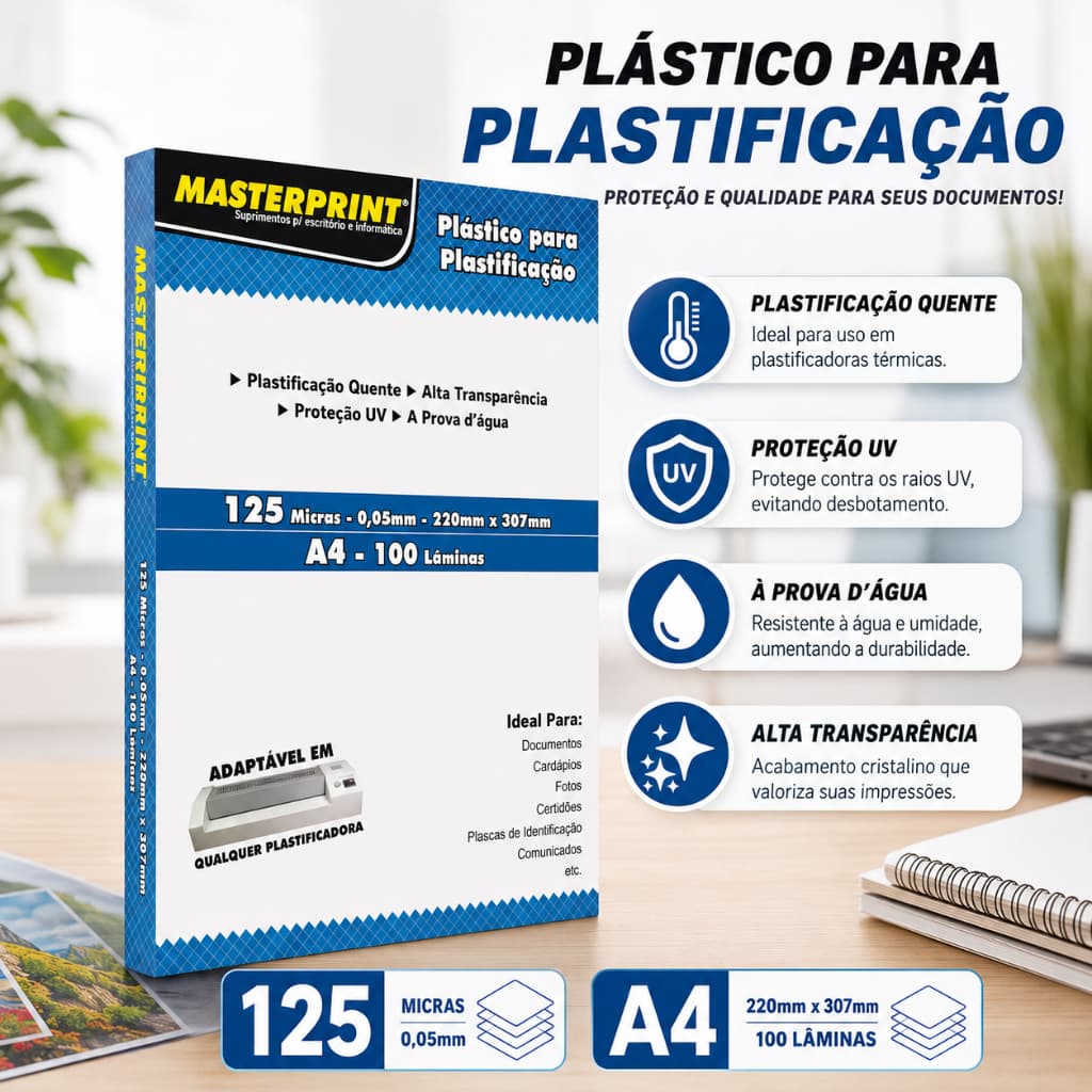 Plástico Para Plastificação A4 125 Micras 100 Folhas 220x307mm Para Documentos Encadernação Masterprint