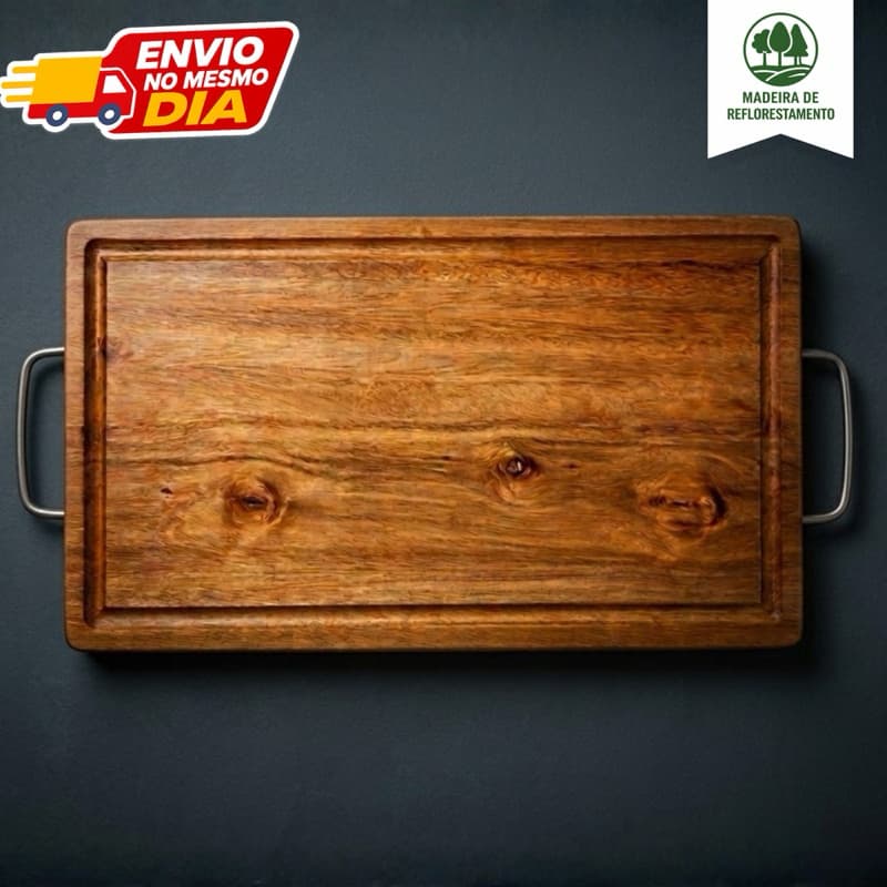 Tábua de Carne em Eucalipto Premium Rustica Grossa Com Alça Metalica e Canaleta Churrasco