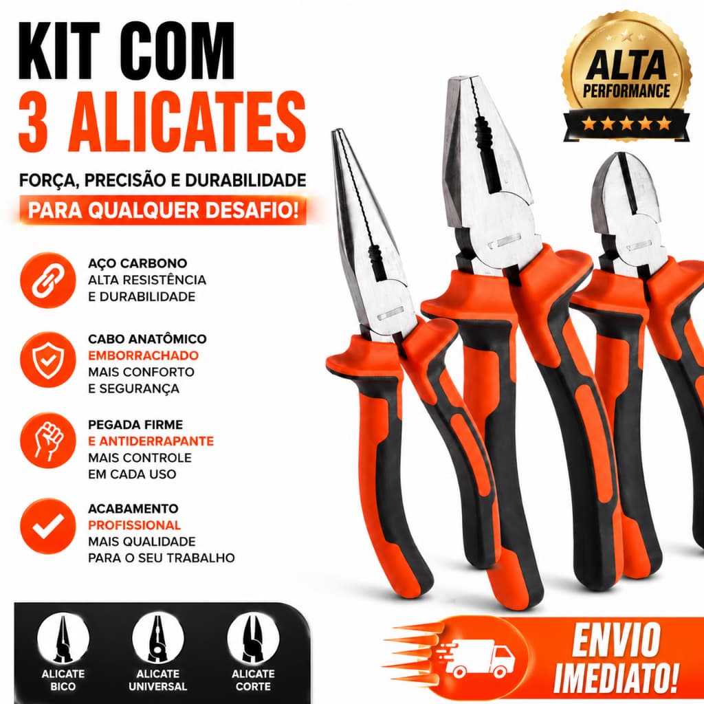 Kit 3 Alicates Aço Profissional Corte Bico Universal Multifuncional Cabo Anatômico Emborrachado