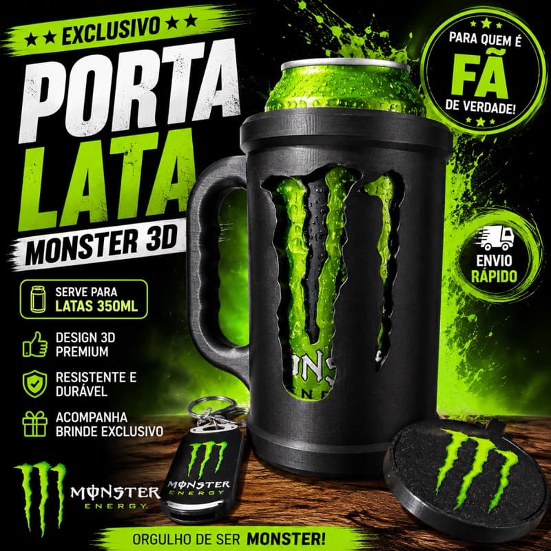 kit Porta Lata Monster 473ml + Abridor +Tampa