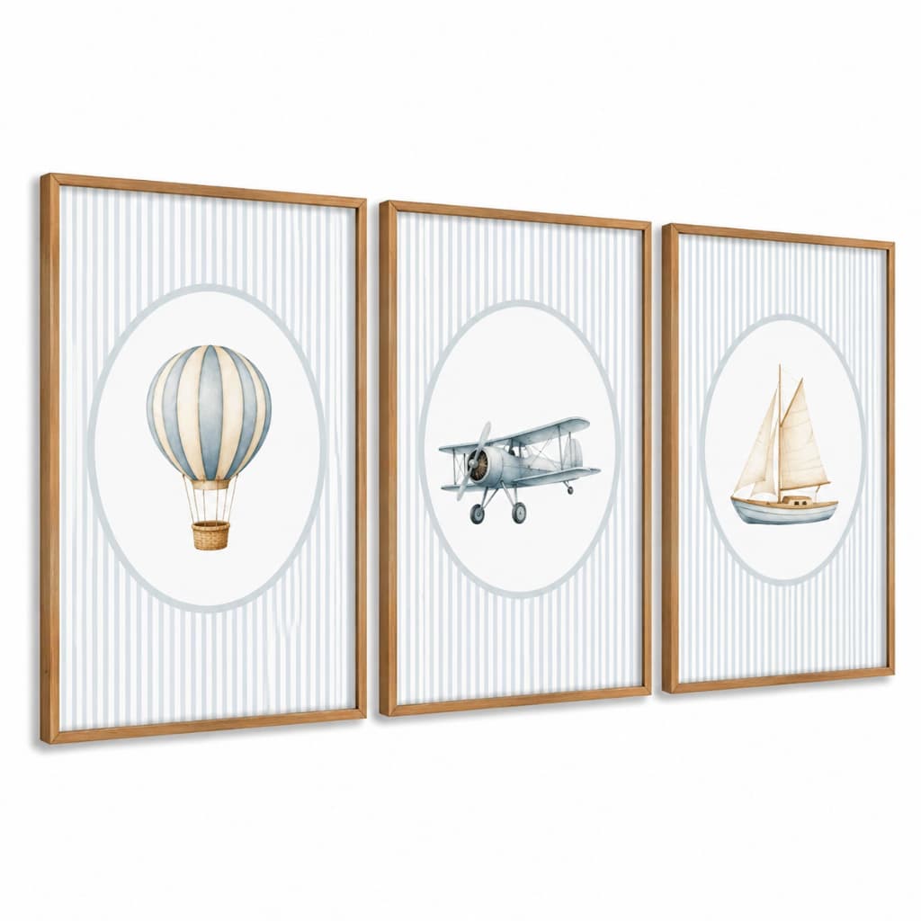 Kit 3 Quadros Decorativos Infantil | Quarto Bebê Menino | Aviador, Aquarela, Barco, Balão - No244