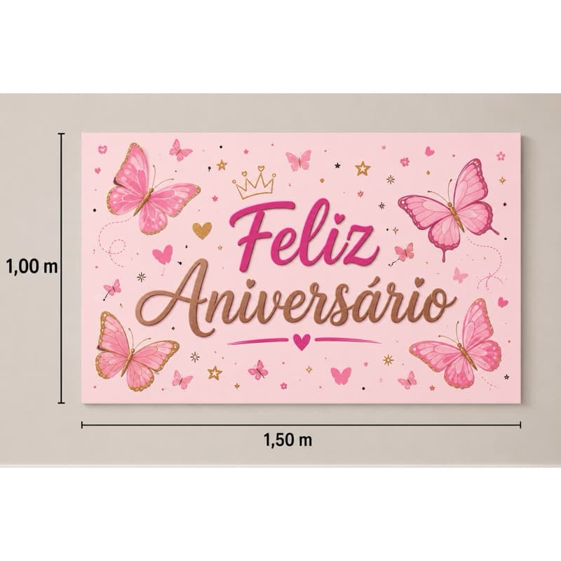 Painel Decorativo Tecido 1,50x1,00 Feliz Aniversário Luxo Lilás Borboletas Festa Infantil fundo fotográfico