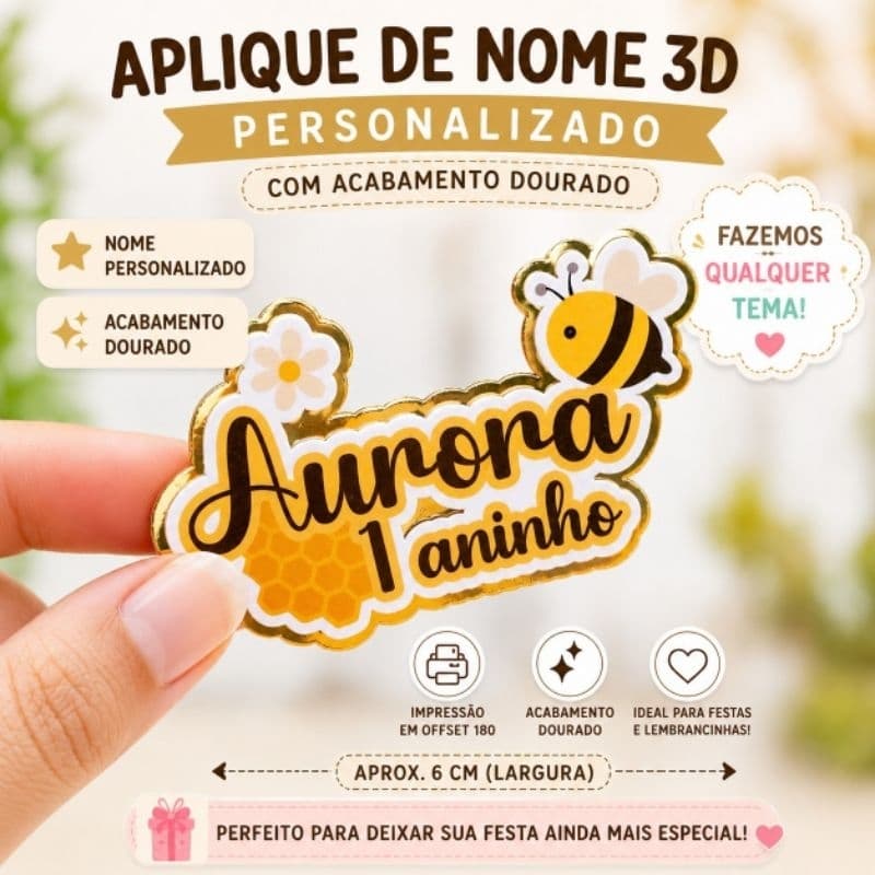 Aplique de Nome 3D Personalizado 6cm | Tag Decorativa com acabamento Dourada | Ideal para Festa Infantil e Lembrancinhas