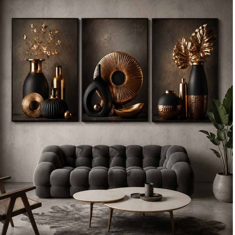 Kit Quadro Decorativo 3 peças Abstrato Geometrico Modern Gold Flores Quarto Sala Hall Decoration