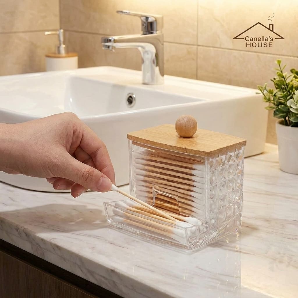 Porta Cotonete 8,8cm em Plástico Acrílico Organizador Pote Haste Flexível Com Tampa de Bambu FWB