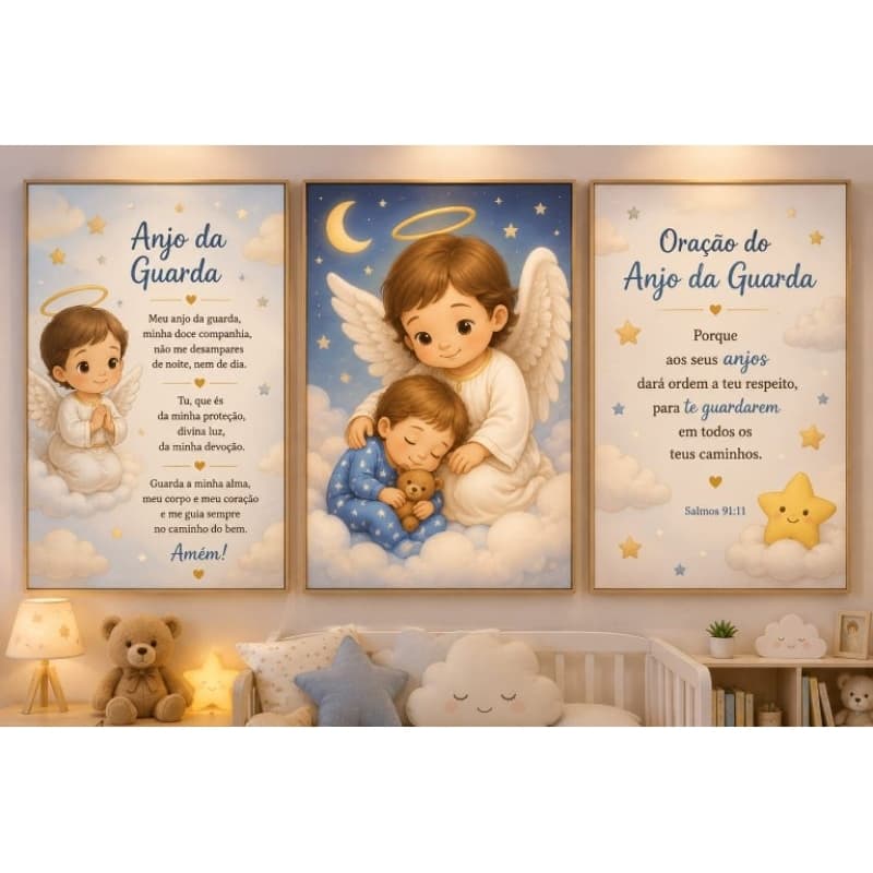 Kit quadro decorativo 3 peças infantil oração anjo da guarda