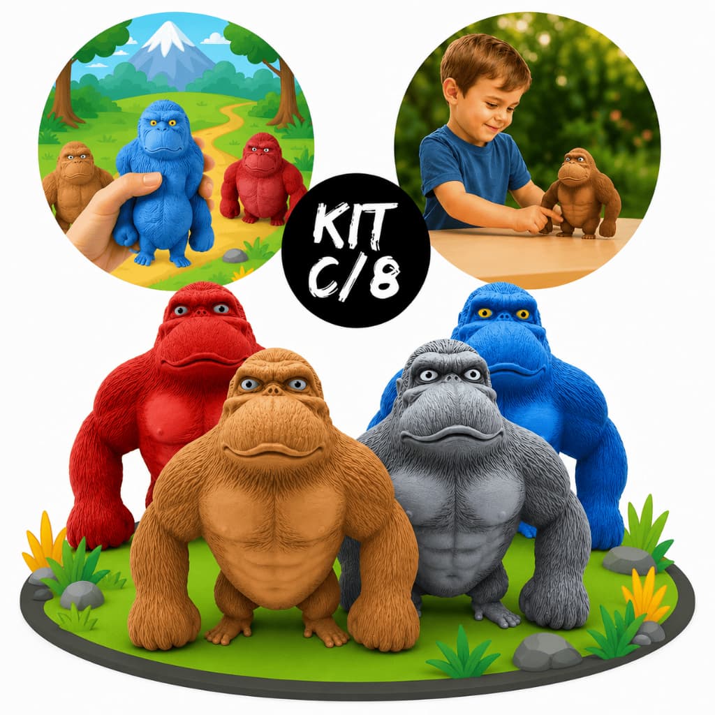 Kit 8 Gorilas Indestrutível Boneco Macaco Kong Estica Esmaga Sensorial
