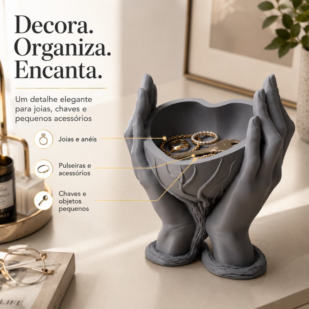 Porta Joias Decorativo Mãos Cinza Vaso Cachepô Organizador