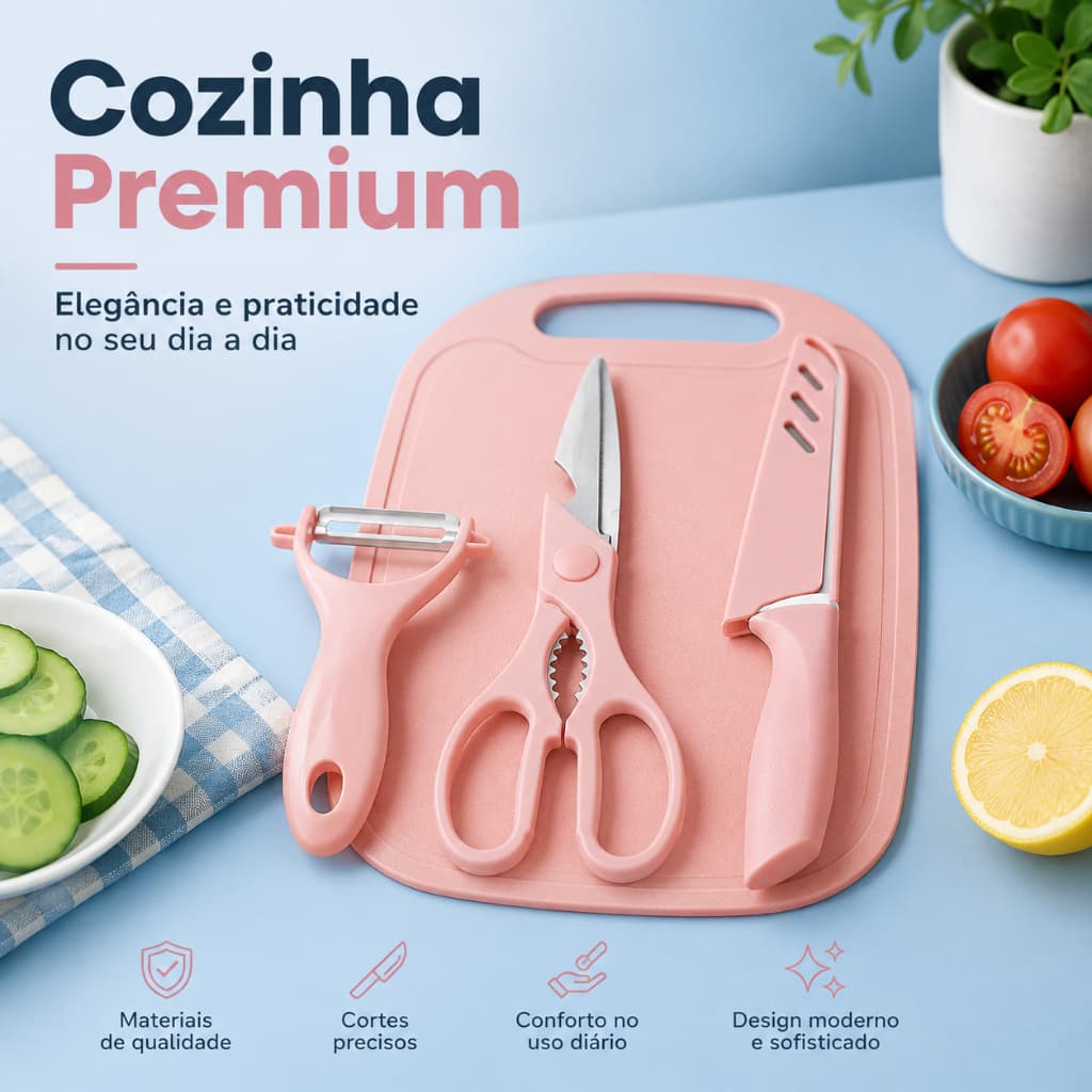 Kit Utensílios de Cozinha 4 Peças Faca Tesoura Descascador Tábua Aço Inox