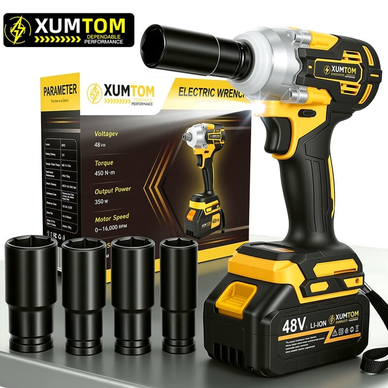 Chave Impacto Sem Fio 48V 450Nm 2 Baterias Parafusadeira Alta Potência 3000RPM Motor Brushless