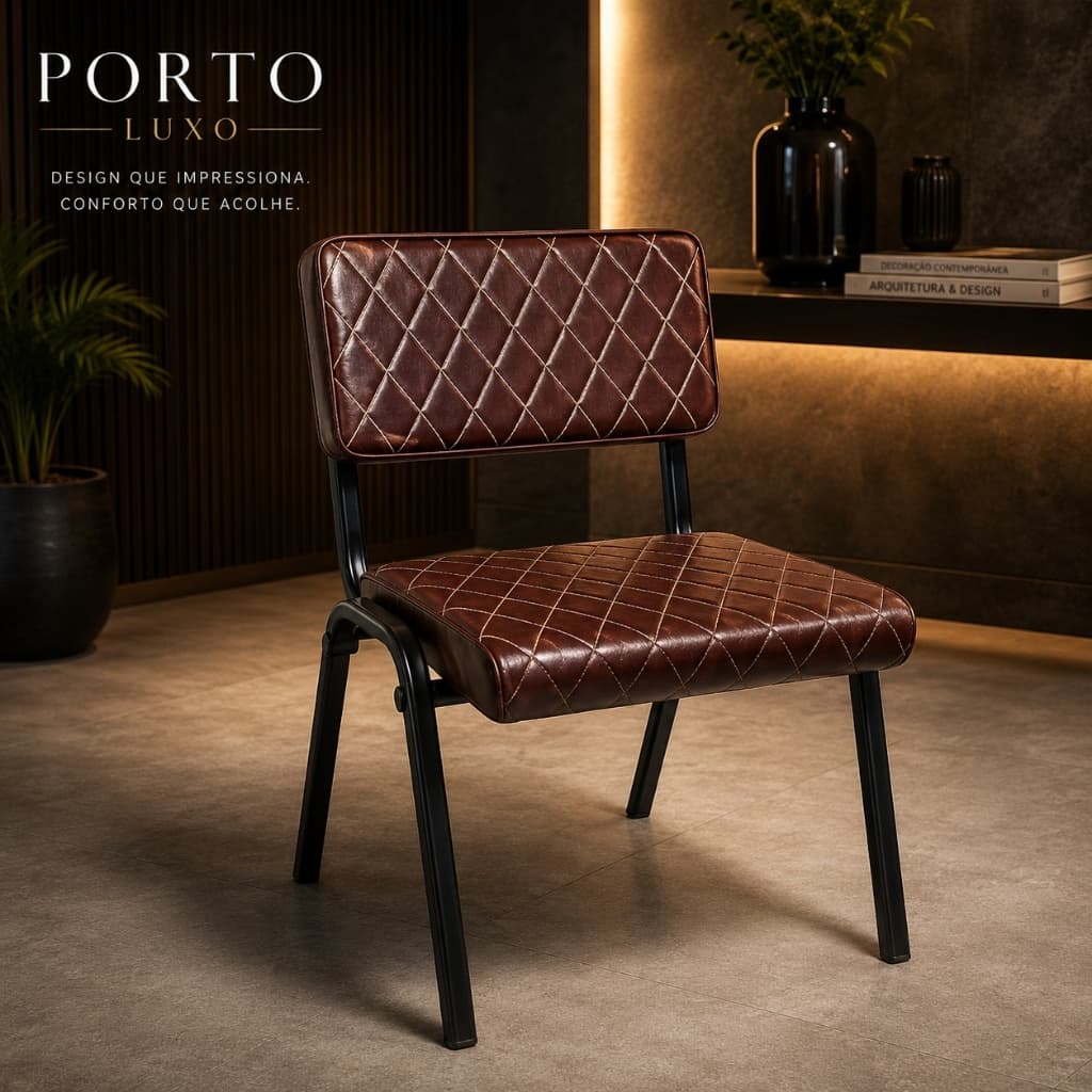 Cadeira Porto Luxo Estofada Couro Sintético Marrom Base Aço Carbono Sala de Jantar Premium