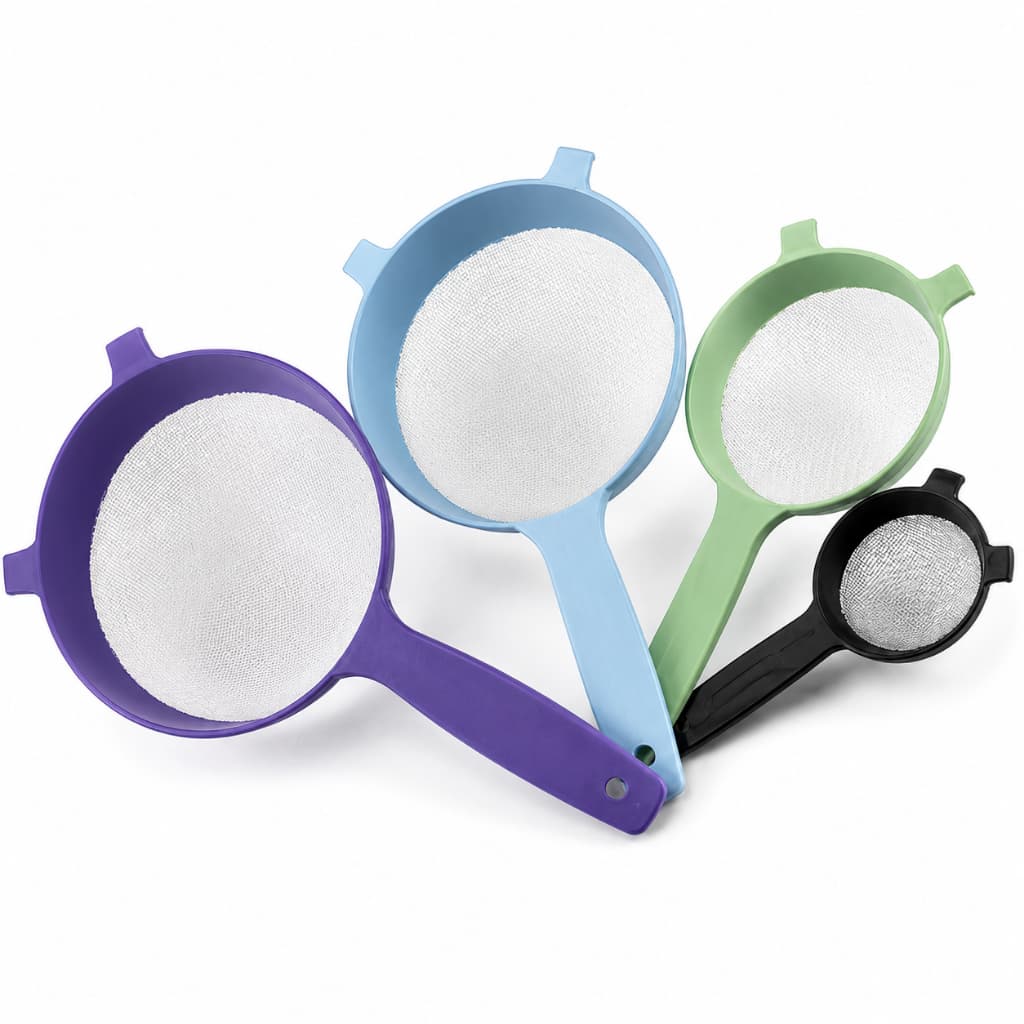 Kit Peneiras de Plástico Mini Pequena Média Grande 4 Peças Malha Fina