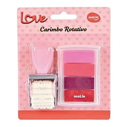 Carimbo Rotativo Love Molin 1 Unidade + Carimbeira Tinta Rosa Exterior Rosa