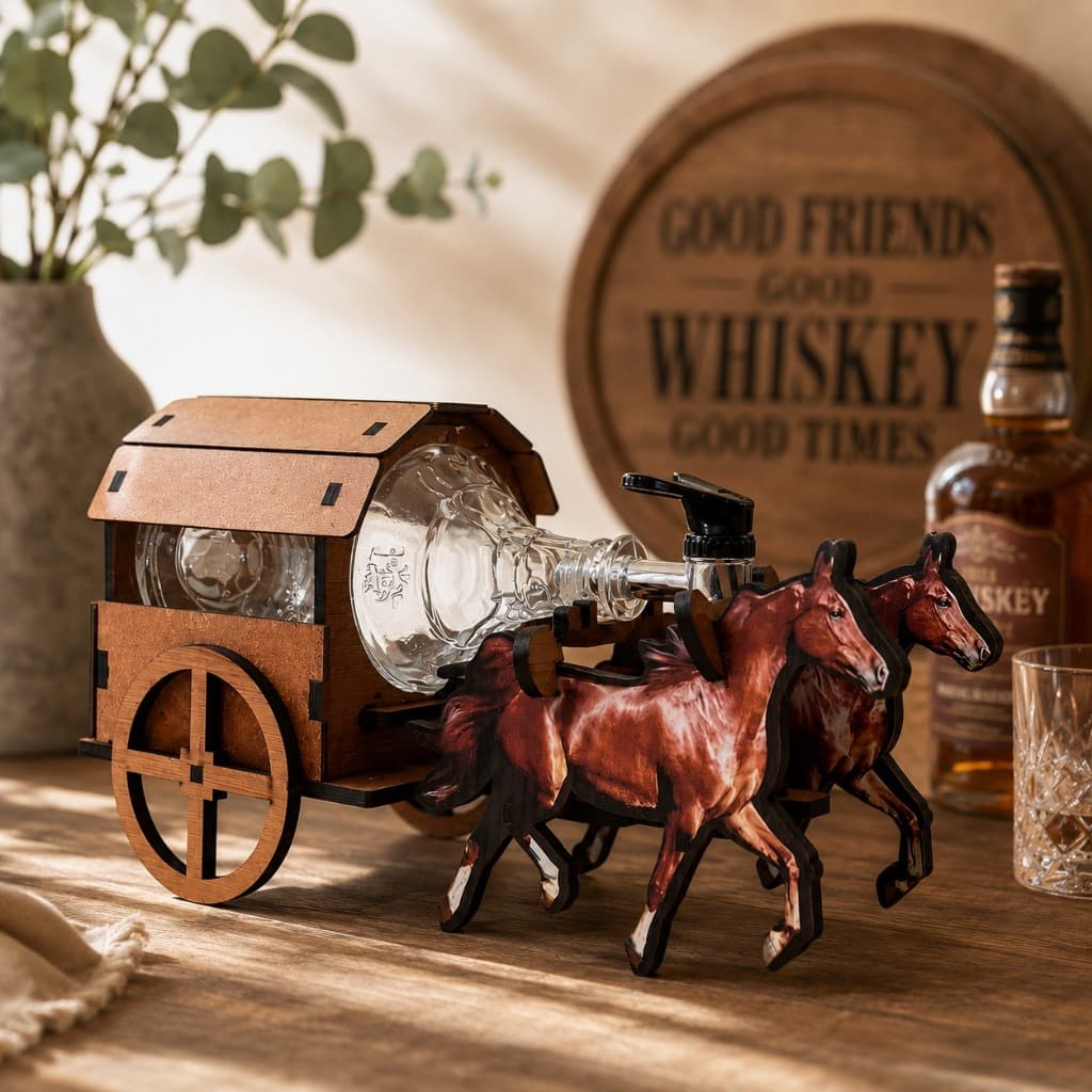 Carruagem Whisky Decorativa MDF Com Garrafa Dispenser Área Gourmet