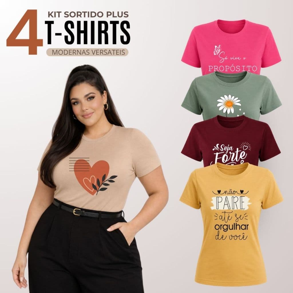 Kit 4 Blusa Feminina Plus Size Manga Curta Gola Redonda Básica Casual