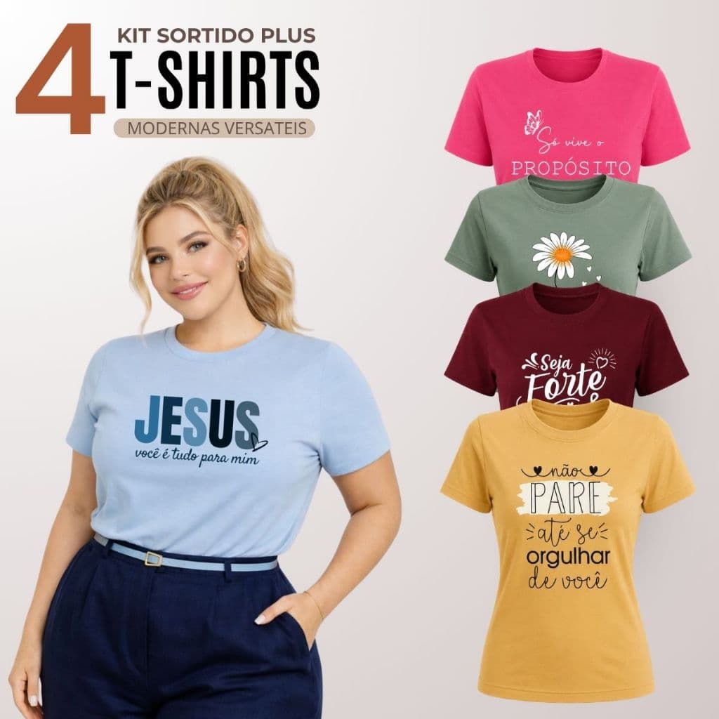 Kit 4 Blusas Feminina Plus Size Manga Curta Gola Redonda Básica Casual