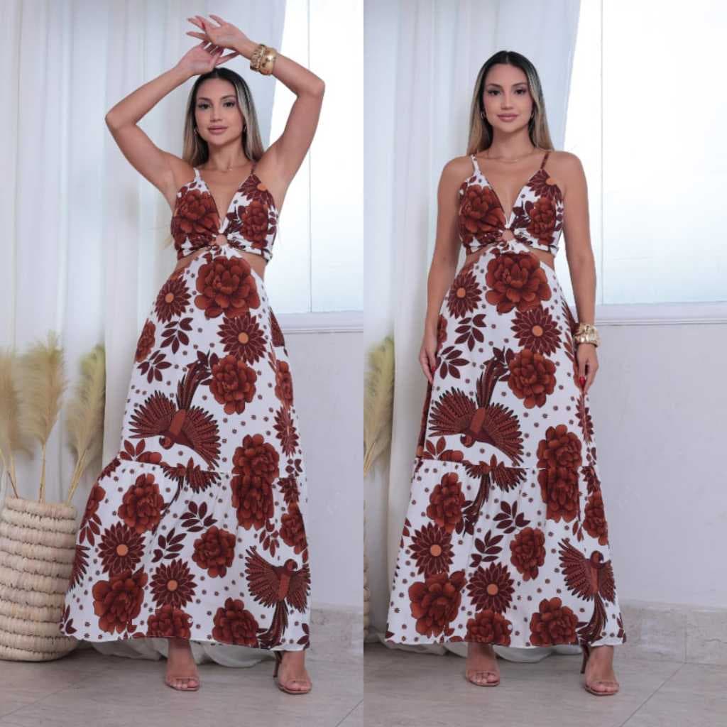 Vestido Longo Feminino Crepinho Estampado Tropical com Recorte na Cintura, Bojo e Alça Fina Regulável