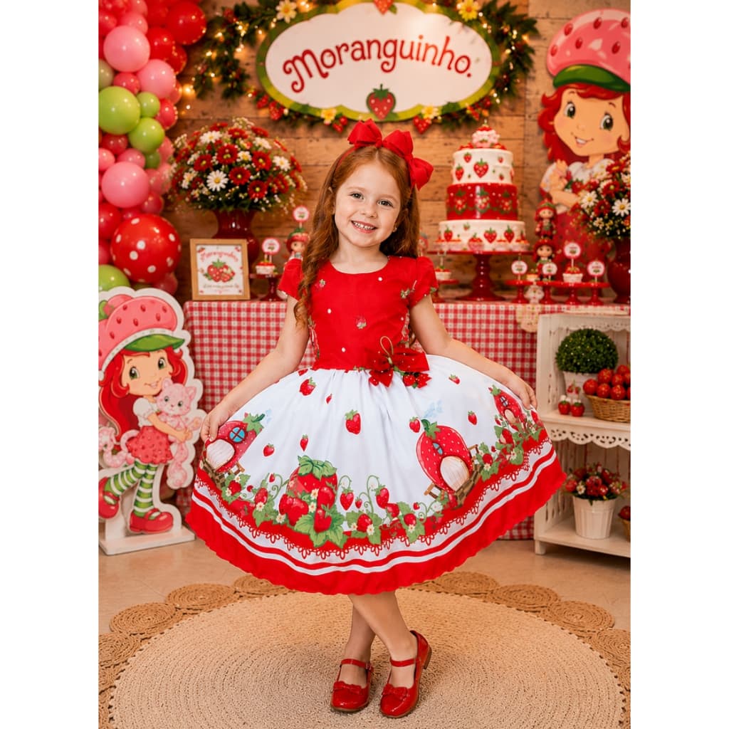 Vestido Moranguinho Vermelho Luxo Festa Aniversário Princesa de 1 a 8 anos