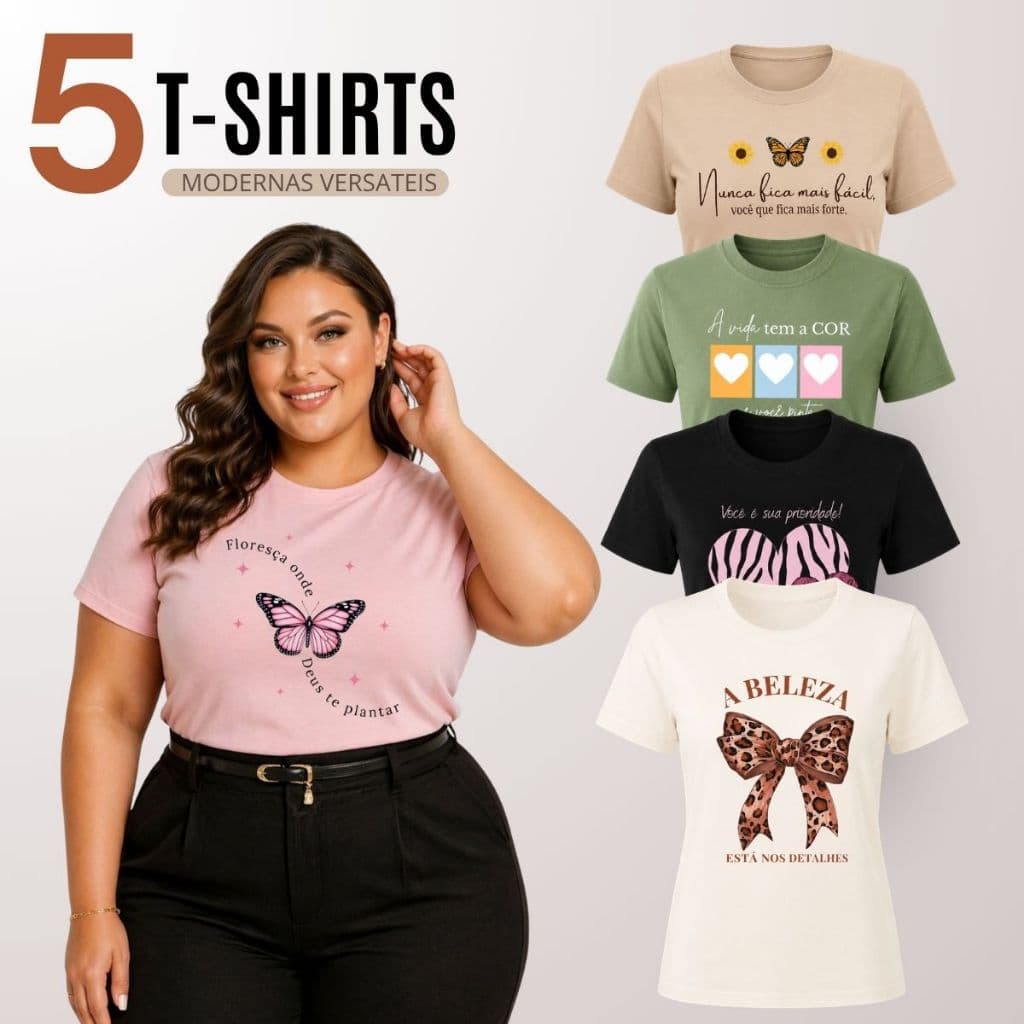 Kit 5 Blusa Plus Size Feminina Manga Curta Gola Redonda Básica Casual