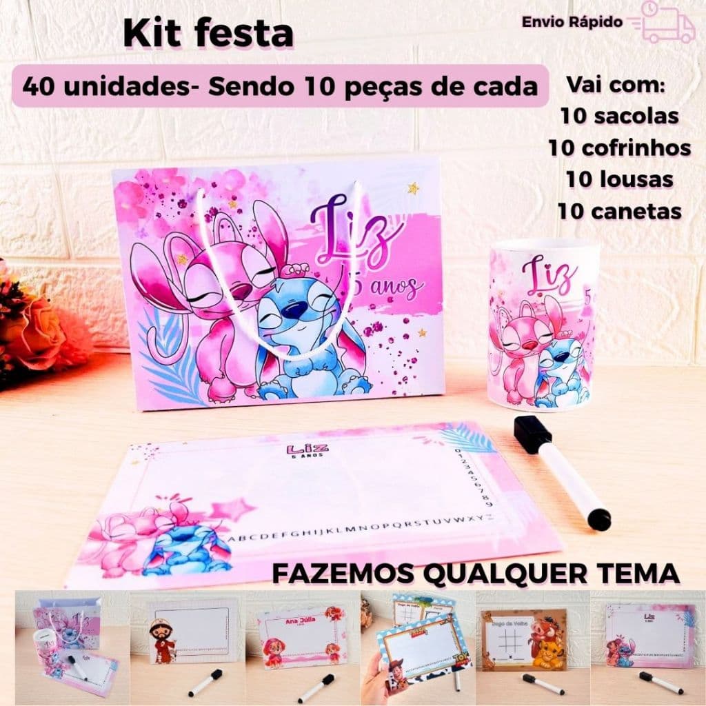 Kit Festa Personalizado 40 Peças Lembrancinhas Infantil Sacolinha Cofrinho Lousa