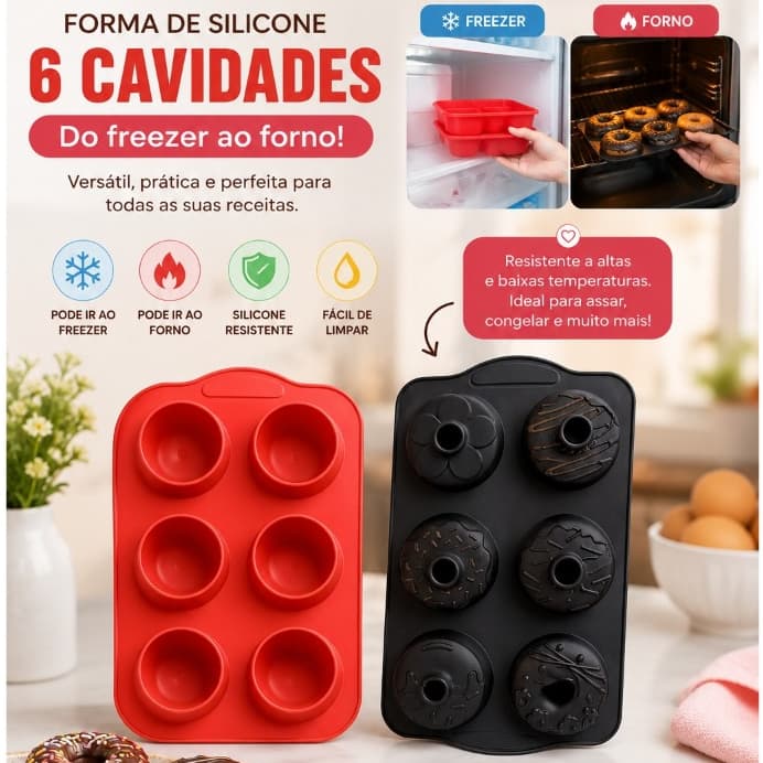 Formas de Silicone em 6 Cavidade p/ Donuts Bolos Pudins resistente ao Forno Freezer Fácil de Lavar