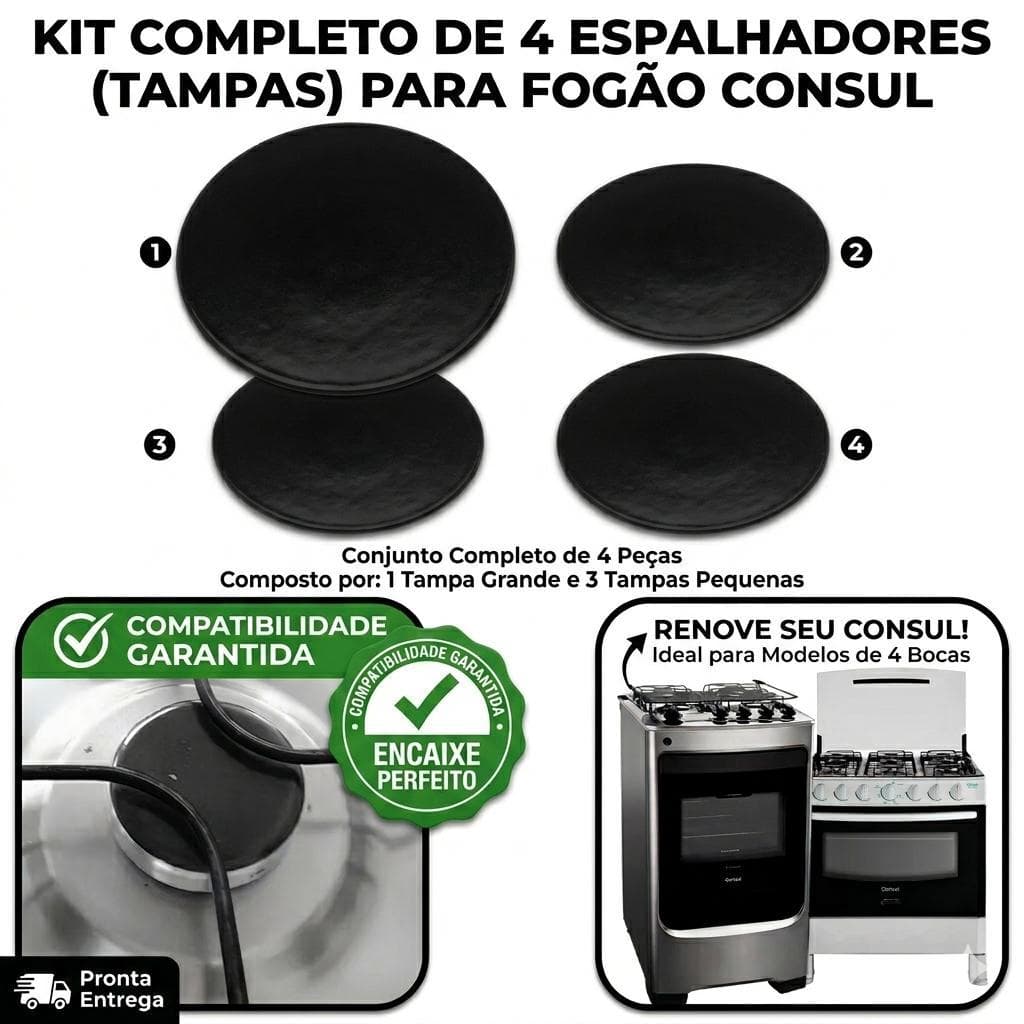 Kit 4 Espalhadores Tampas Boca de Fogão Consul Alecrim 4 Bocas - 3 Pequenas 1 Grande