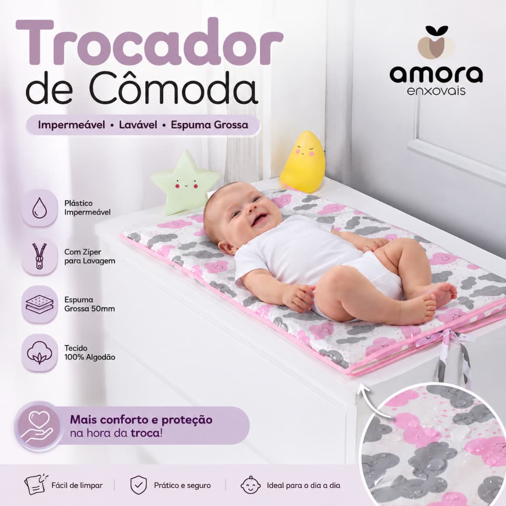 Trocador de Cômoda para Bebê Impermeável Lavável com Zíper e Espuma Grossa Estampado