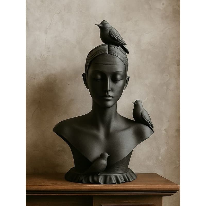 Escultura Busto Mulher e Pássaros Decoração Surreal Geek