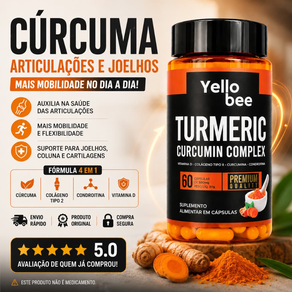 Cúrcuma 4 em 1 Joelhos Articulações Colágeno Tipo 2 Condroitina e Vitamina D Seguramente Recomendado