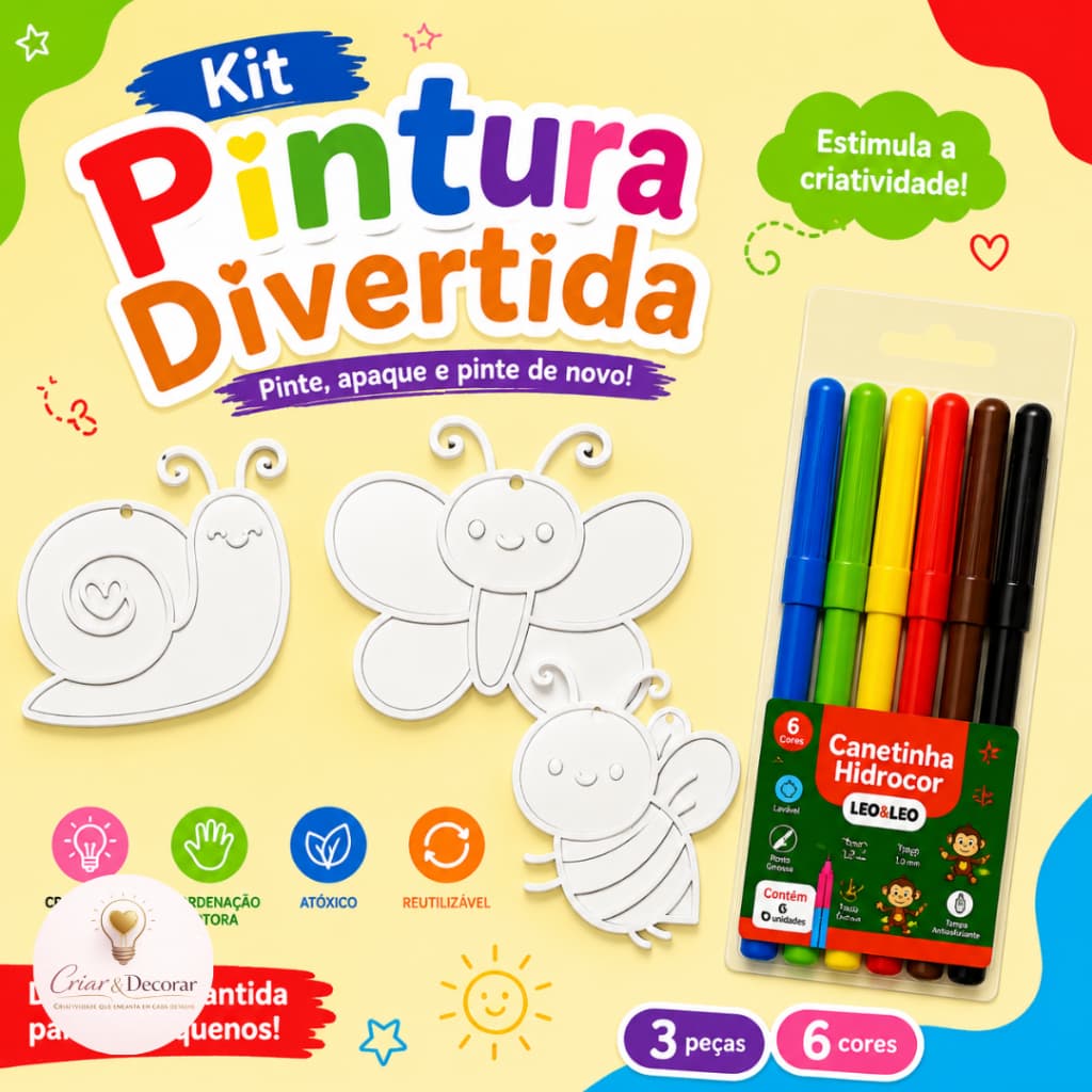 Kit Pintura Jardim Infantil Reutilizável Com Canetinha Hidrocor 3D Ref:086