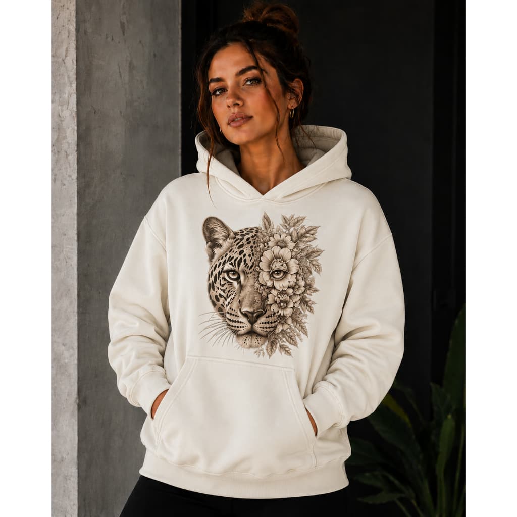 Moletom Feminino Com Capuz e Bolso Frontal Onça e Flores Blusa De Frio Feminina Inverno Flanelado Agasalho Streetwear