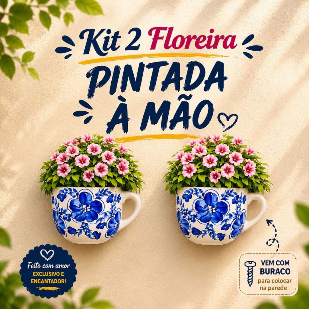 Kit 2 Floreira Vaso Parede Ceramica Artesanal Desenhada Mao Vintage Retro Decoracao Jardim Varanda