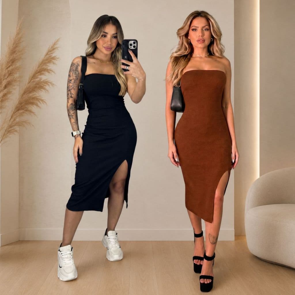 Kit 2 Vestido Com Fenda Lateral Preto e Marrom Moda Feminina Tomara Que Caia Envio Imediato