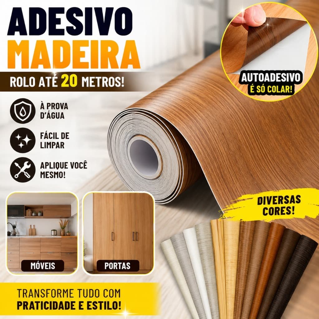 Papel Adesivo Madeira Premium Impermeável Até 20M Para Móveis Portas Parede