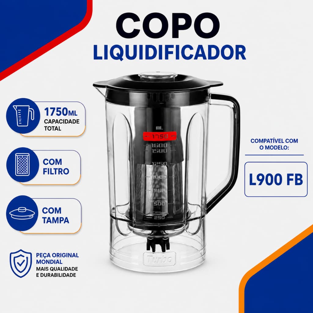 Copo Liquidificador L900 Mondial Original Preto 1750ml com Tampa e Filtro
